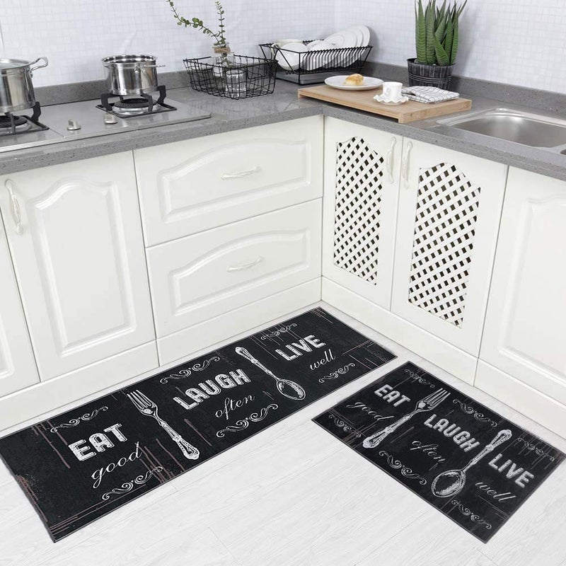 Carvapet 2 Pieces Kitchen Rug Set NonSlip Backing Mat Throw for Kitchen Doormat Runner Motto Design BlackishDark Grey 17x4817x24