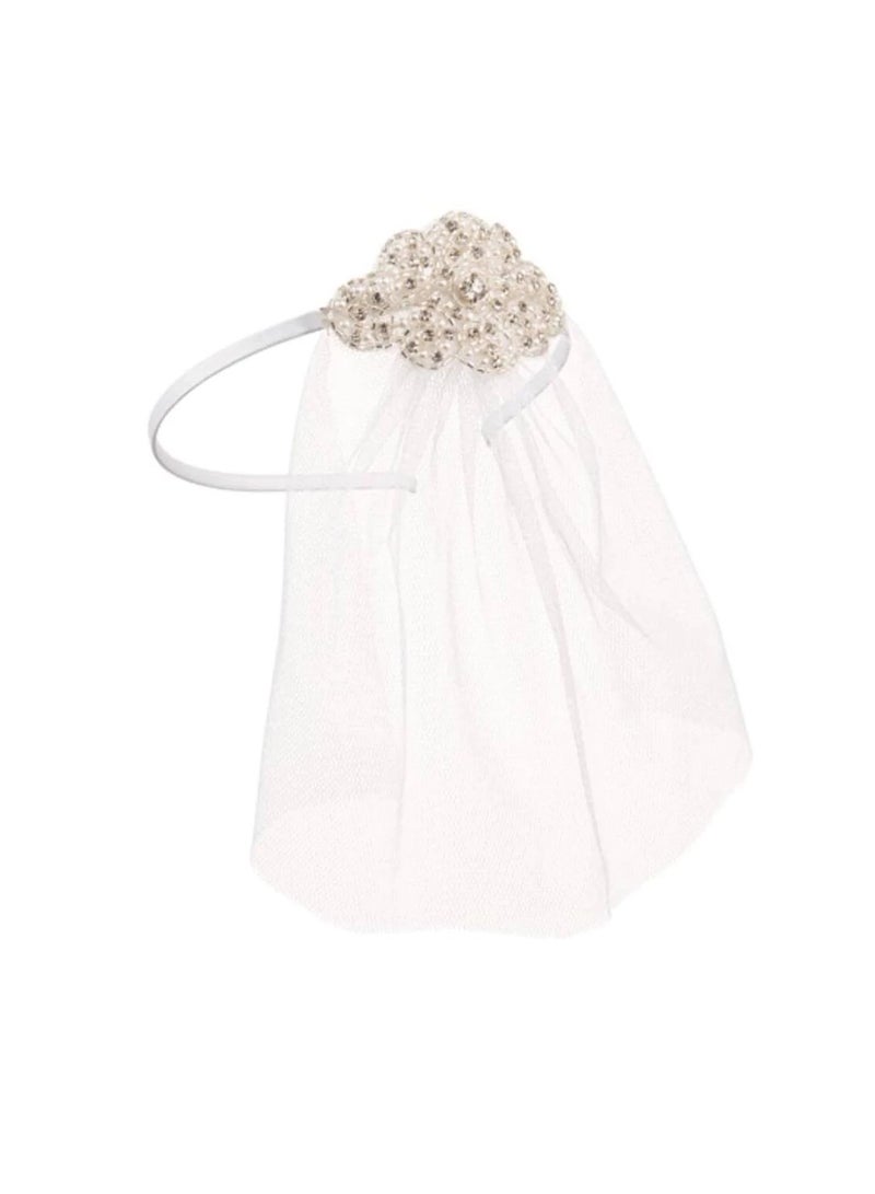 Bridal Headband Veil w/Beaded Silver Applique & White Tulle