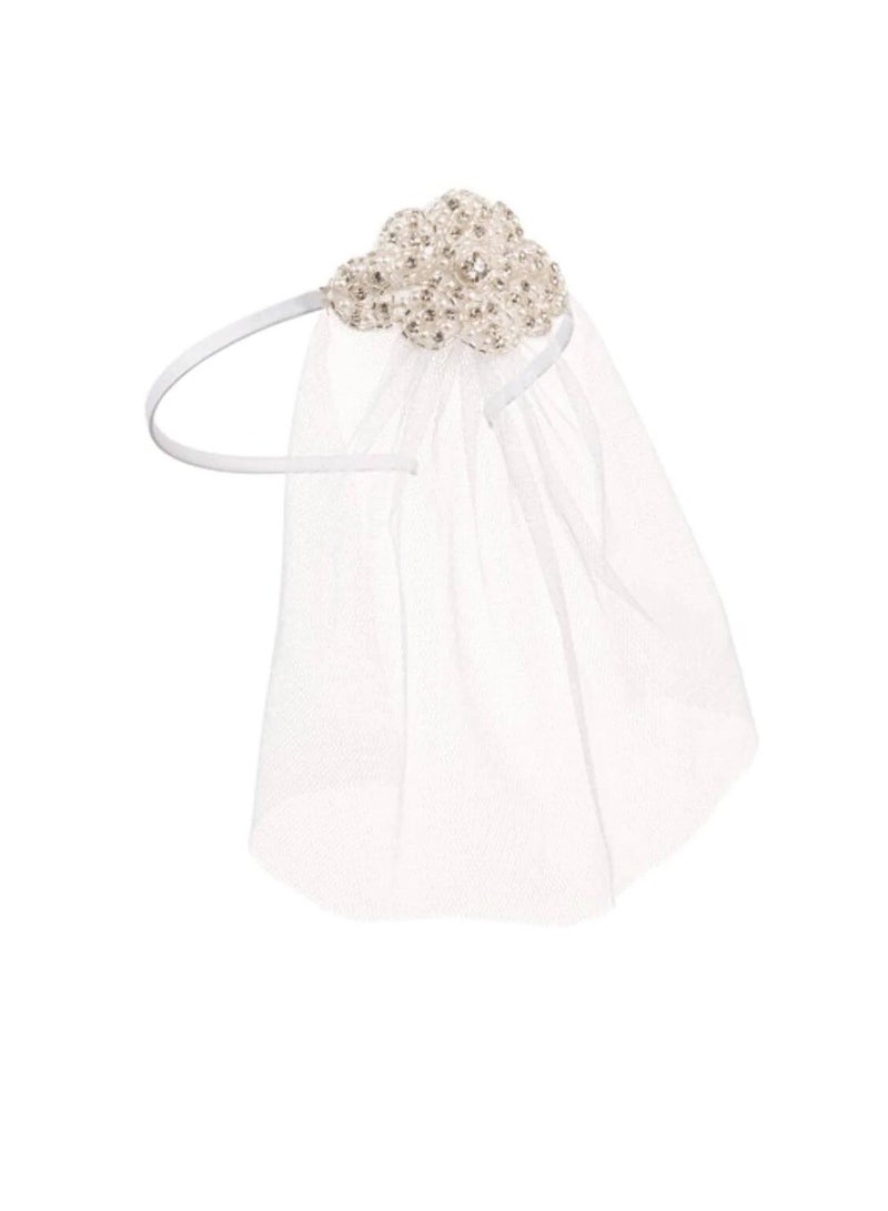 Bridal Headband Veil w/Beaded Silver Applique & White Tulle