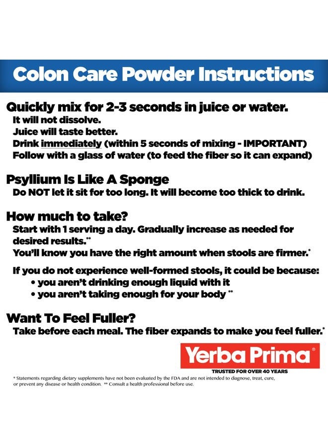 Yerba Prima Prebiotic Colon Care Formula Powder 12 oz - Natural Psyllium Fiber, FOS, Magnesium, Selenium - Non-GMO, Gluten Free, Vegan Daily Supplement for Men & Women - Image 2