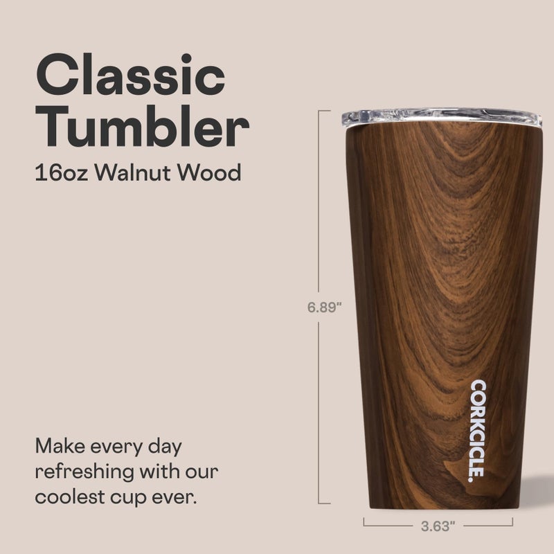 Corkcicle Classic Tumbler - Keeps Drinks Cold for 9 Hours & Hot for 3 - Triple-Insulated Stainless Steel - Holiday Tumbler Gift - 16 oz - Walnut Wood - Image 2