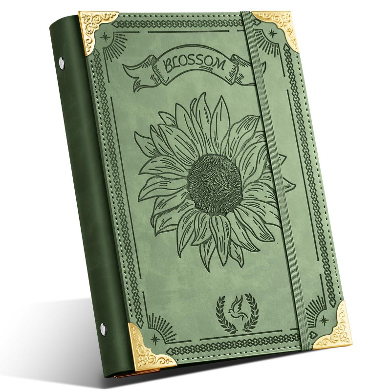 Ovesmusl Sunflower PU Leather A5 Binder 6 Ring Refillable Journal Cover No Inserts A5 Planner Binder Loose Leaf Binder for Notebook 5.7â€x8.3â€ with Elastic Closure, Green - Image 1