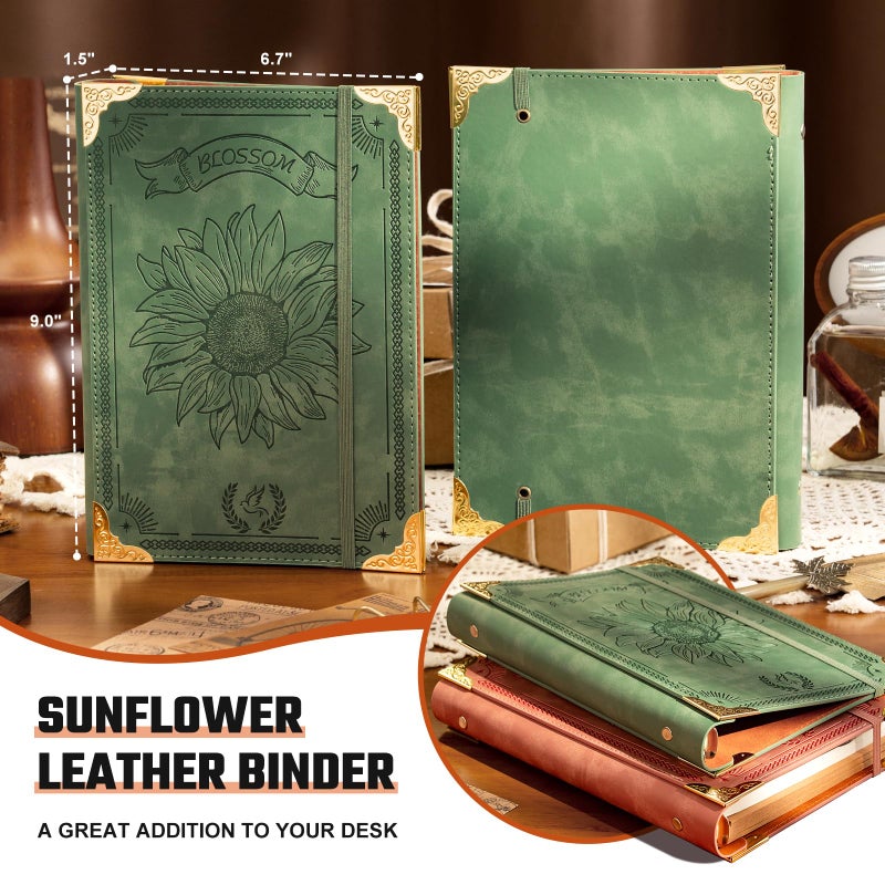 Ovesmusl Sunflower PU Leather A5 Binder 6 Ring Refillable Journal Cover No Inserts A5 Planner Binder Loose Leaf Binder for Notebook 5.7â€x8.3â€ with Elastic Closure, Green - Image 2