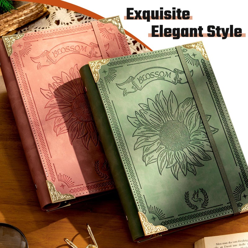 Ovesmusl Sunflower PU Leather A5 Binder 6 Ring Refillable Journal Cover No Inserts A5 Planner Binder Loose Leaf Binder for Notebook 5.7â€x8.3â€ with Elastic Closure, Green - Image 4
