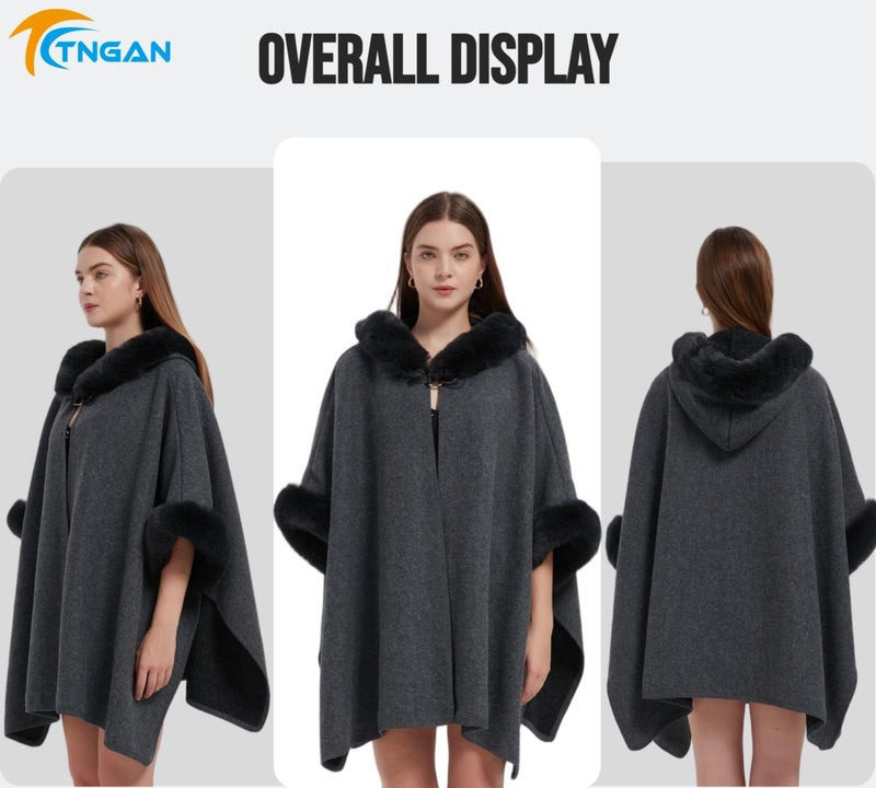 Tngan Women's Cardigan Shawl Cape Cloak Winter Warm Hoodie Cardigan Coat Dark Grey - Image 3