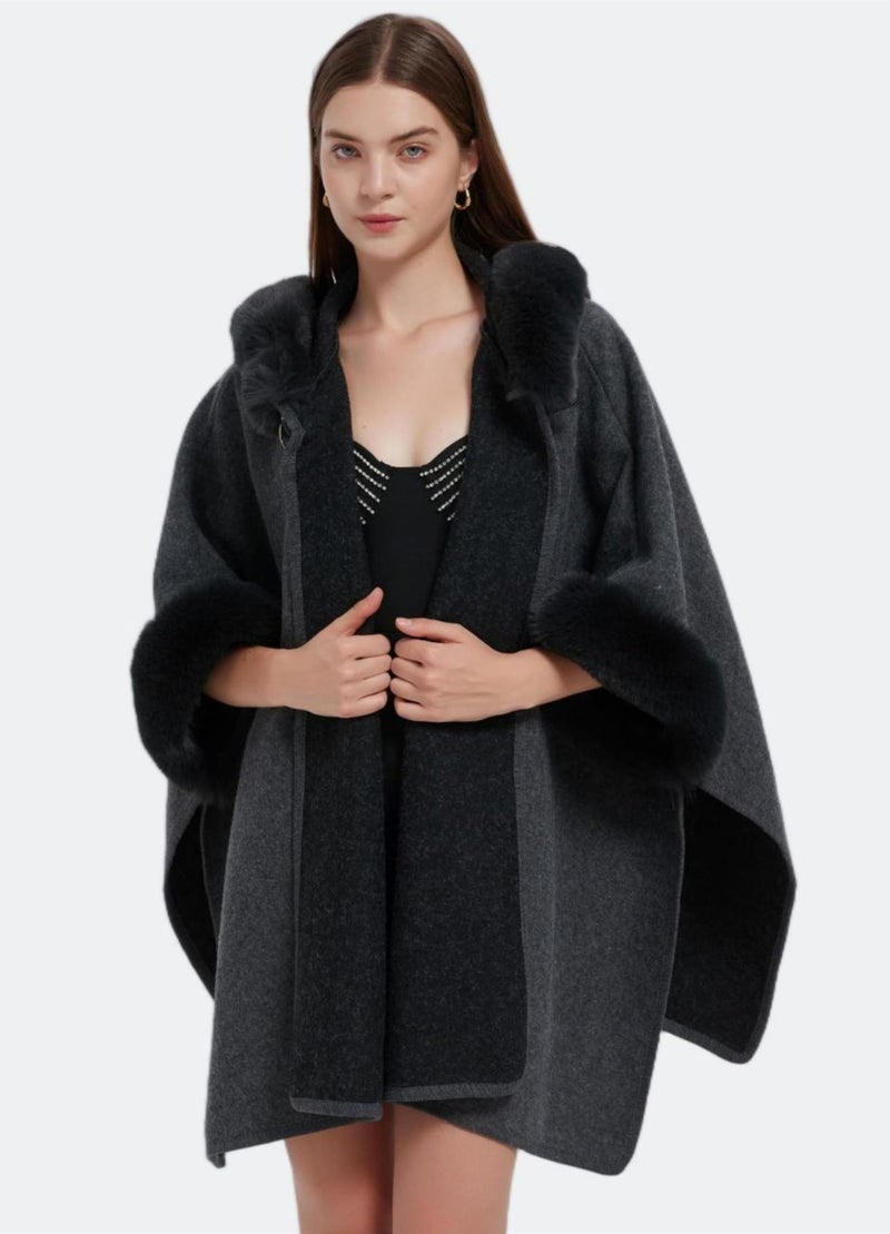 Tngan Women's Cardigan Shawl Cape Cloak Winter Warm Hoodie Cardigan Coat Dark Grey - Image 5