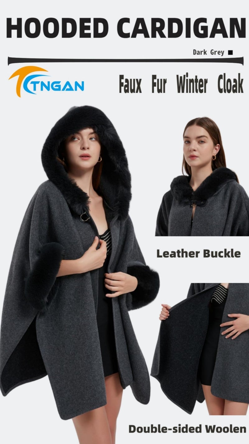 Tngan Women's Cardigan Shawl Cape Cloak Winter Warm Hoodie Cardigan Coat Dark Grey - Image 2