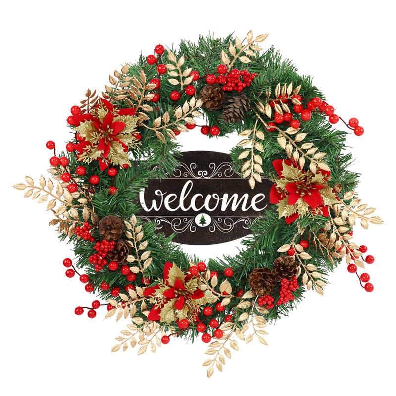 Culudea Christmas Wreaths for Front Door Outside Decor, 22" Berries Poinsettia Golden Leaves Pinecone Winter Artificial Wreath Decorations with Hanging Sign for Xmas Home Door Wall Window Fireplace Porch - Image 1