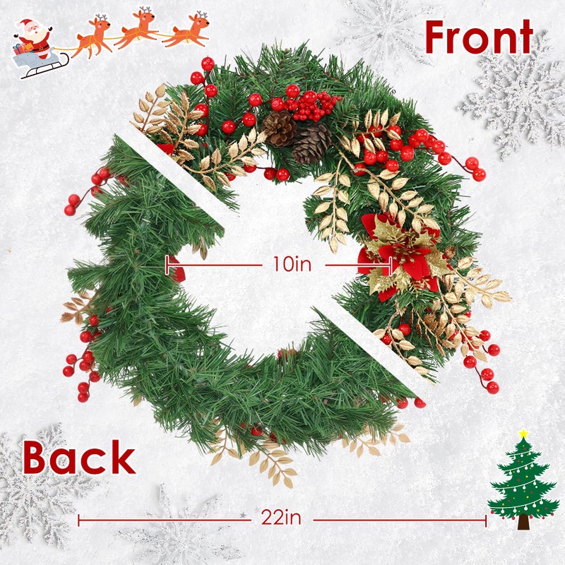 Culudea Christmas Wreaths for Front Door Outside Decor, 22" Berries Poinsettia Golden Leaves Pinecone Winter Artificial Wreath Decorations with Hanging Sign for Xmas Home Door Wall Window Fireplace Porch - Image 2