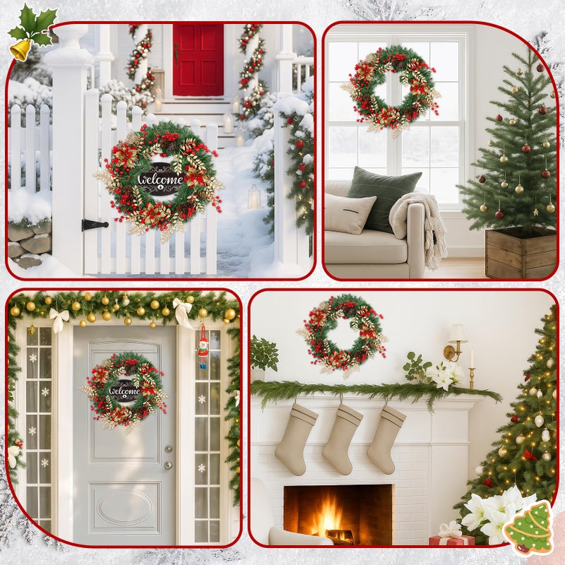 Culudea Christmas Wreaths for Front Door Outside Decor, 22" Berries Poinsettia Golden Leaves Pinecone Winter Artificial Wreath Decorations with Hanging Sign for Xmas Home Door Wall Window Fireplace Porch - Image 5