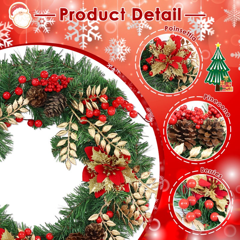 Culudea Christmas Wreaths for Front Door Outside Decor, 22" Berries Poinsettia Golden Leaves Pinecone Winter Artificial Wreath Decorations with Hanging Sign for Xmas Home Door Wall Window Fireplace Porch - Image 4