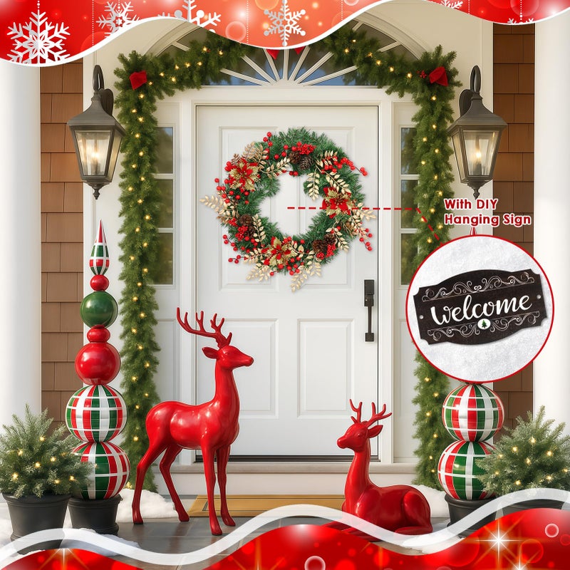 Culudea Christmas Wreaths for Front Door Outside Decor, 22" Berries Poinsettia Golden Leaves Pinecone Winter Artificial Wreath Decorations with Hanging Sign for Xmas Home Door Wall Window Fireplace Porch - Image 3