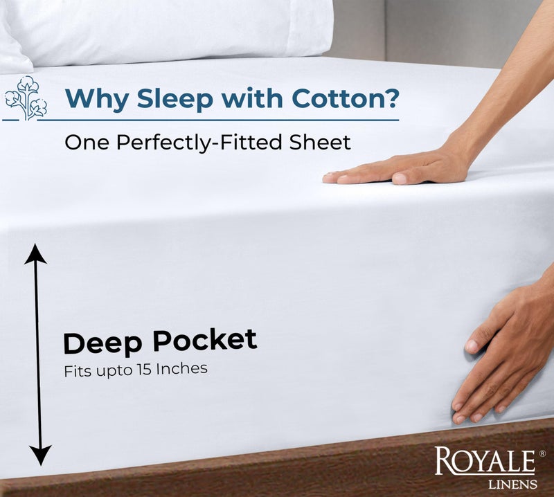 Royale Linens 100% Organic Cotton Fitted Sheet - Percale Weave - Super Soft Deep Pocket Bottom Sheets - White Elastic Sheet Full Size - Full Fitted Sheets Only - (54"x75"+15", White) - Image 2