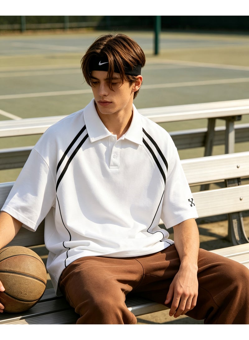 أوف-وايت OFF-WHITE shoulder parallel bars cotton POLO shirt couple summer loose contrast short sleeve lapel T-shirt - Image 5
