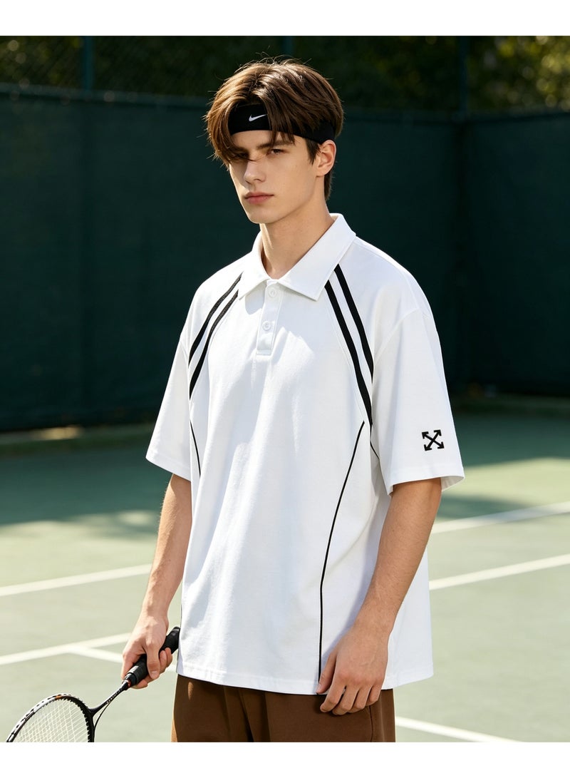 أوف-وايت OFF-WHITE shoulder parallel bars cotton POLO shirt couple summer loose contrast short sleeve lapel T-shirt - Image 1