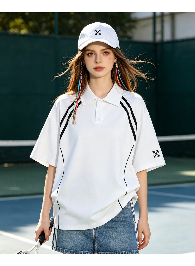 أوف-وايت OFF-WHITE shoulder parallel bars cotton POLO shirt couple summer loose contrast short sleeve lapel T-shirt - Image 2