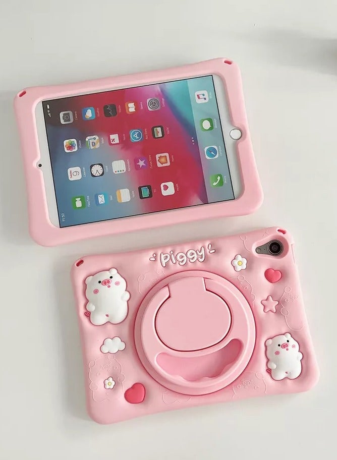 Silicone Cute Premium Pink  Pattern Tablet Case with Built-in 360° Rotatable Foldable Kickstand and Lanyard Case for iPad 9.7 - Image 4