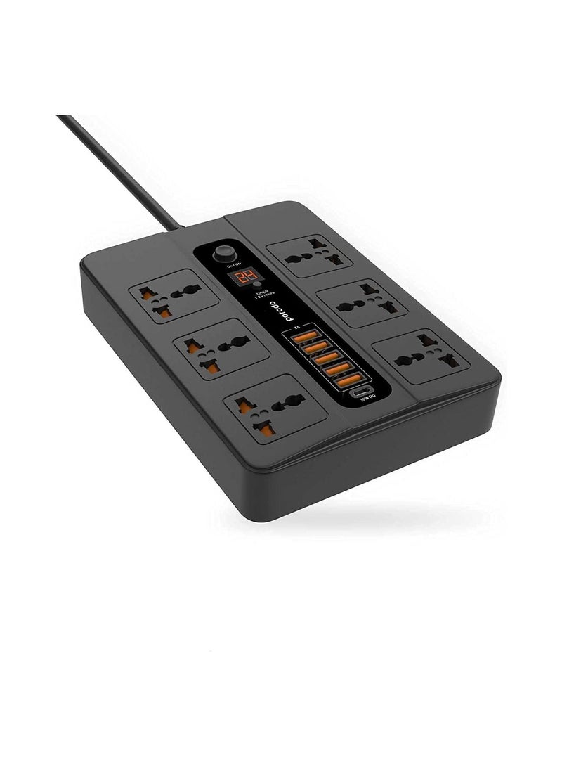 Universal Power Socket, 6 AC Output 5 USB Port & USB-C PD 18W Multiport Socket, Power HUB Built-in Timer, Fire-Proof Material Power Strip, 200cm Extension Cord, Charging Station - Image 1