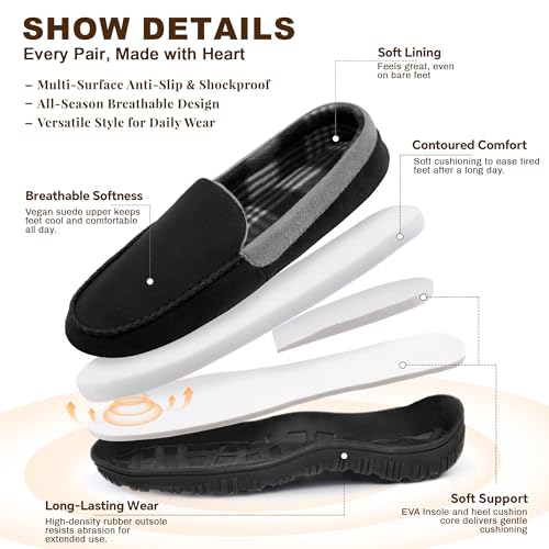 shoeslocker Men's Moccasin Slippers, Indoor Outdoor House Shoes with Memory Foam, Black Grey Size 13 - Image 3