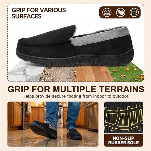 shoeslocker Men's Moccasin Slippers, Indoor Outdoor House Shoes with Memory Foam, Black Grey Size 13 - Image 4