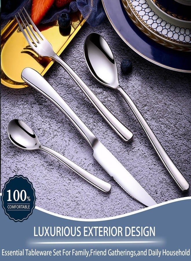 Caliamary طقم أدوات مائدة مكون من 24 قطعة، طقم أدوات مائدة من الفولاذ المقاوم للصدأ مع حامل أدوات المائدة، ملاعق وشوك وسكاكين، طقم أدوات مائدة معلق يكفي لـ 6 أشخاص، آمن للغسل في غسالة الأطباق (فضي) - Image 3