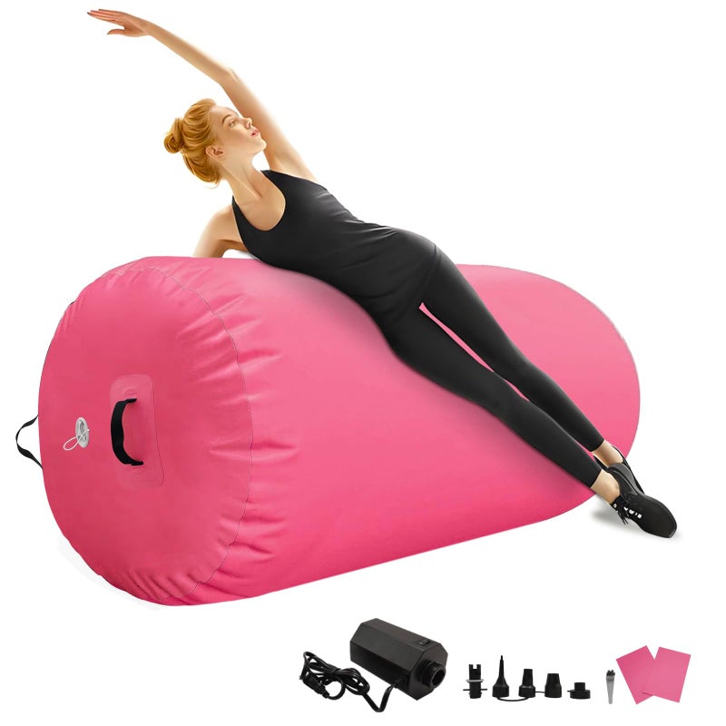GONFLABLE Air Roller Gymnastics Barrel Inflatable Tumbling Roller Air Mat with Electric Pump for Backhandspring Training Yoga Cheerleading Home Use Gym (Pink-Air Roller, 4ft x 31.5inch) - Image 1