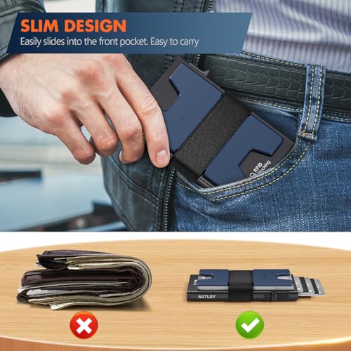 AUTLEY Slim Wallet For Men, Rfid Blocking Mens Wallet, Minimalist Wallet For Men, Pop Up Credit Card Holder with Cash Band (Blue+Black) - Image 3