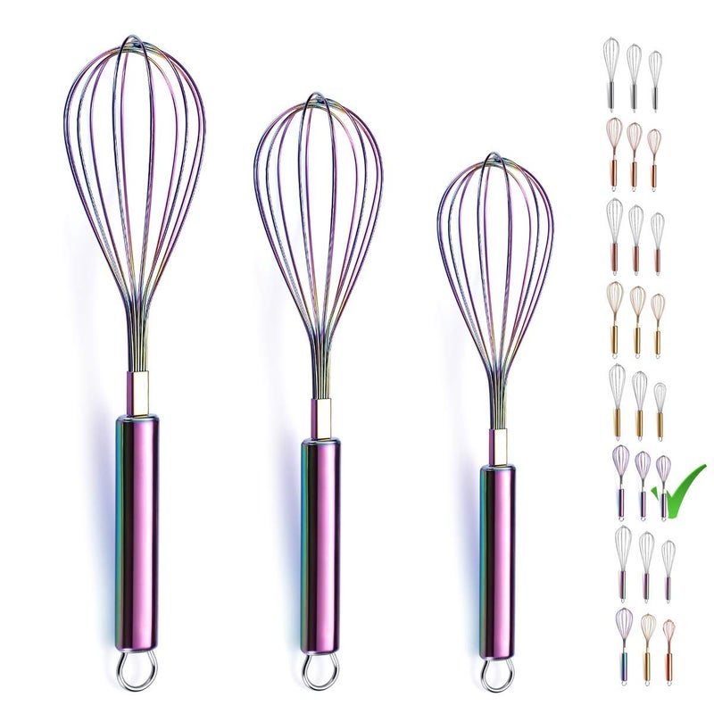 Berglander Rainbow Whisk Pack of 3 Stainless Steel 81012 Titianium Plating Colorful Whisk for Cooking BeaterWire Whisk Set Kitchen Wisk Rainbow
