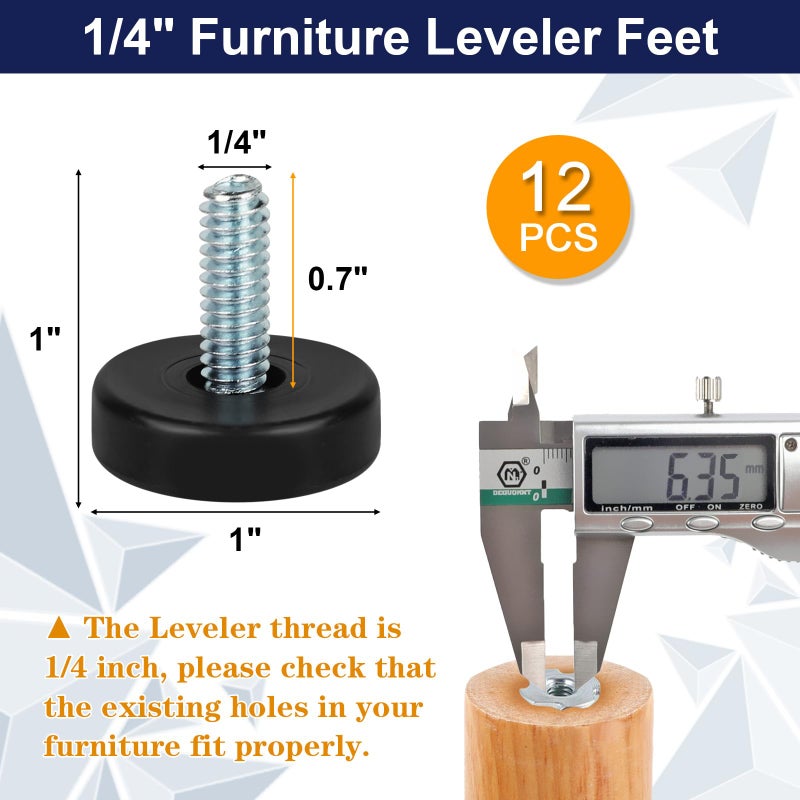 Coidea 1/4" Thread Furniture Feet Levelers, 12 PCS Adjustable Furniture Feet Threaded Screw in, Leveling Feet Screw On Furniture Glide Leveling for Table, Cabinets, Chairs, Stool Legs - Image 2