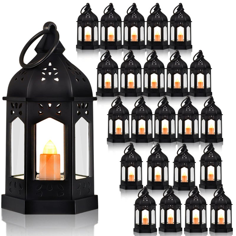Hortsun 24 Pcs Vintage LED Lantern for Centerpiece Wedding Decorative Lantern with Flickery Candle Battery Powered Wedding Festival Hanging Tealight Ramadan Christmas Party DecorationBlack