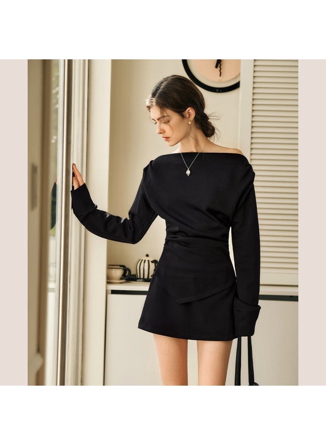 Olrain Oulain Fashion Set, Autumn Women's Wear, Off-shoulder Irregular Two-piece Suit, Professional Commute Style, Black, Size S - Image 1
