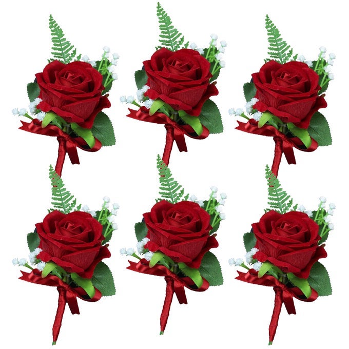 6PCS BOUTONNIERES FOR MEN WEDDING BOUTONNIERES WITH PINS FOR GROOM RED ROSE BOUTONNIERES FOR WEDDING PROM HOMECOMING BOUTINEERS FLOWERS
