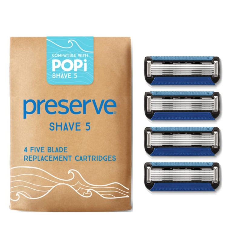 Preserve POPi Shave Razor Blades Refills - 5 Blade Razors for Men & Women - Ceramic Coated Shavers for Comfort with Aloe-Cocoa Butter Strip - Reusable Shaving Refill - 4 Pack - Image 1