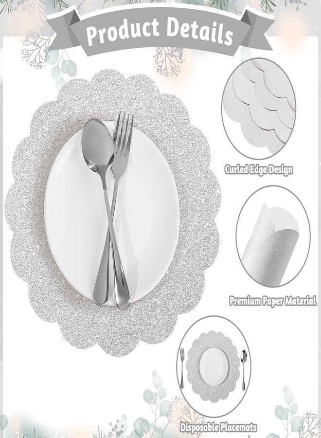 73Hours 60 Pcs Silver Glitter Paper Placemats, 13.5 Inch Scalloped Disposable Placemats Sparkle Table Place Mats Decorative Paper for Birthday Wedding Banquet Party - Image 4