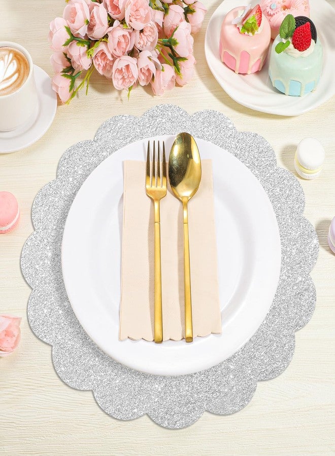 73Hours 60 Pcs Silver Glitter Paper Placemats, 13.5 Inch Scalloped Disposable Placemats Sparkle Table Place Mats Decorative Paper for Birthday Wedding Banquet Party - Image 3