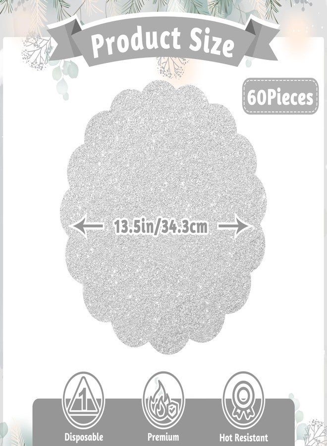 73Hours 60 Pcs Silver Glitter Paper Placemats, 13.5 Inch Scalloped Disposable Placemats Sparkle Table Place Mats Decorative Paper for Birthday Wedding Banquet Party - Image 2