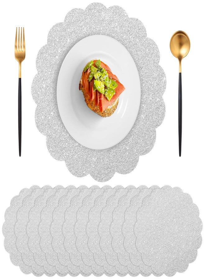 73Hours 60 Pcs Silver Glitter Paper Placemats, 13.5 Inch Scalloped Disposable Placemats Sparkle Table Place Mats Decorative Paper for Birthday Wedding Banquet Party - Image 1