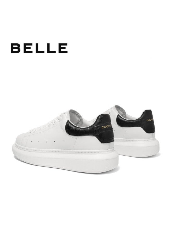 Belle Men's Casual Shoes, White Sneakers, Winter Fleece-lined Warm Cowhide Thick-soled Board Shoes A1160 Black Tail Wing-fleece Lining 44 - Image 2