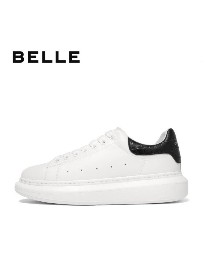 Belle Men's Casual Shoes, White Sneakers, Winter Fleece-lined Warm Cowhide Thick-soled Board Shoes A1160 Black Tail Wing-fleece Lining 44 - Image 1