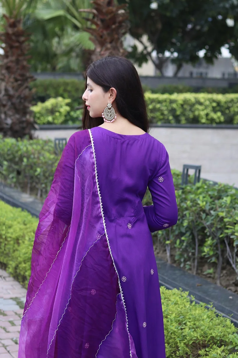 GoSriKi  GoSriKi Women's Cotton Blend Anarkali Embroidered Kurta with Pant & Dupatta (GSK-PURPLE-GS_L_Purple_Large) for Women | Best Price UAE