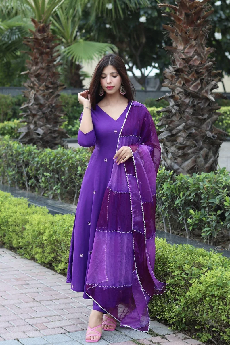 GoSriKi  GoSriKi Women's Cotton Blend Anarkali Embroidered Kurta with Pant & Dupatta (GSK-PURPLE-GS_L_Purple_Large) for Women | Best Price UAE