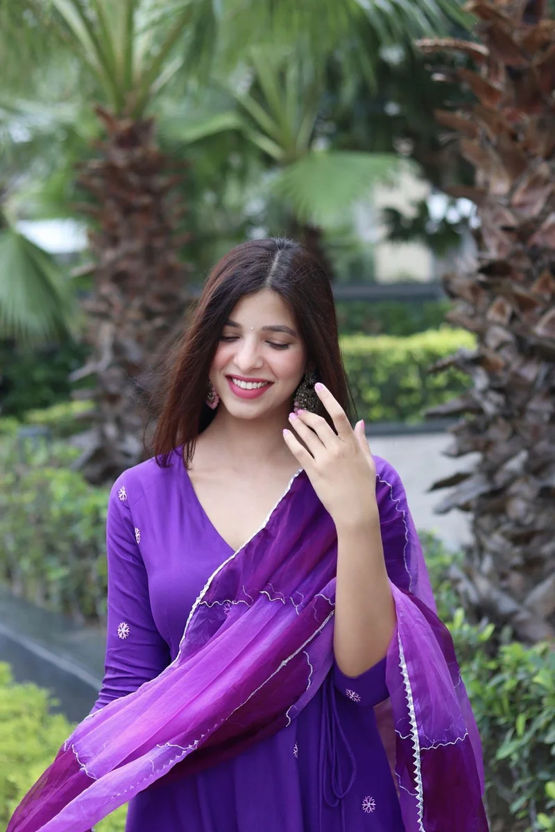 GoSriKi  GoSriKi Women's Cotton Blend Anarkali Embroidered Kurta with Pant & Dupatta (GSK-PURPLE-GS_L_Purple_Large) for Women | Best Price UAE