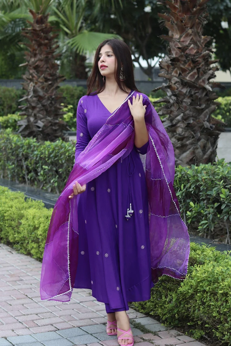 GoSriKi Women's Cotton Blend Anarkali Embroidered Kurta with Pant & Dupatta (GSK-PURPLE-GS_L_Purple_Large)