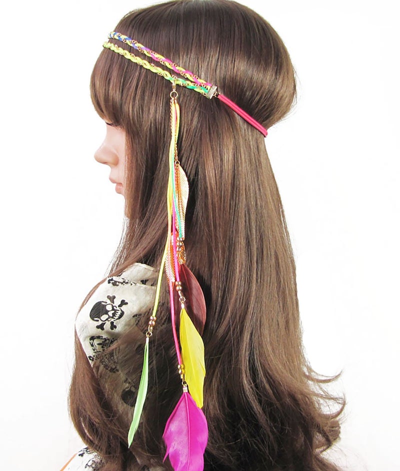 Women Lady Bohemian Double Braided Headband Tassels Hairband Headwear Hippie Feather Headband Hair Hoop Handmade Indian Fascinator Headband Headdress Hair Bands Hair Accessories MultiColour