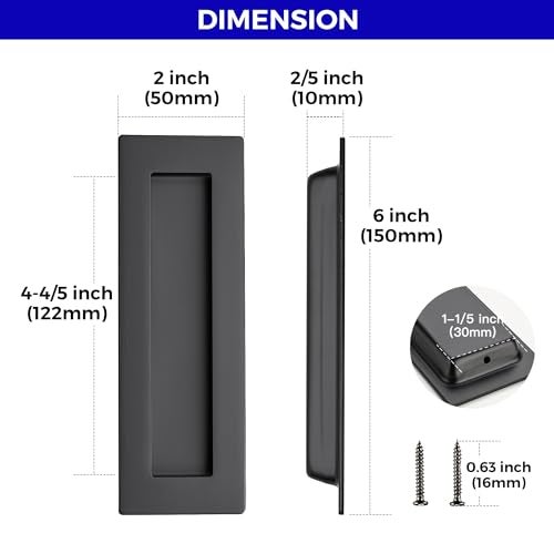 JOY DECOR 2 Pack Pocket Door Handles, 5.9" Rectangular Recessed Pulls for Sliding Closet and Barn Doors, Black Flush Finger Pulls - Image 3