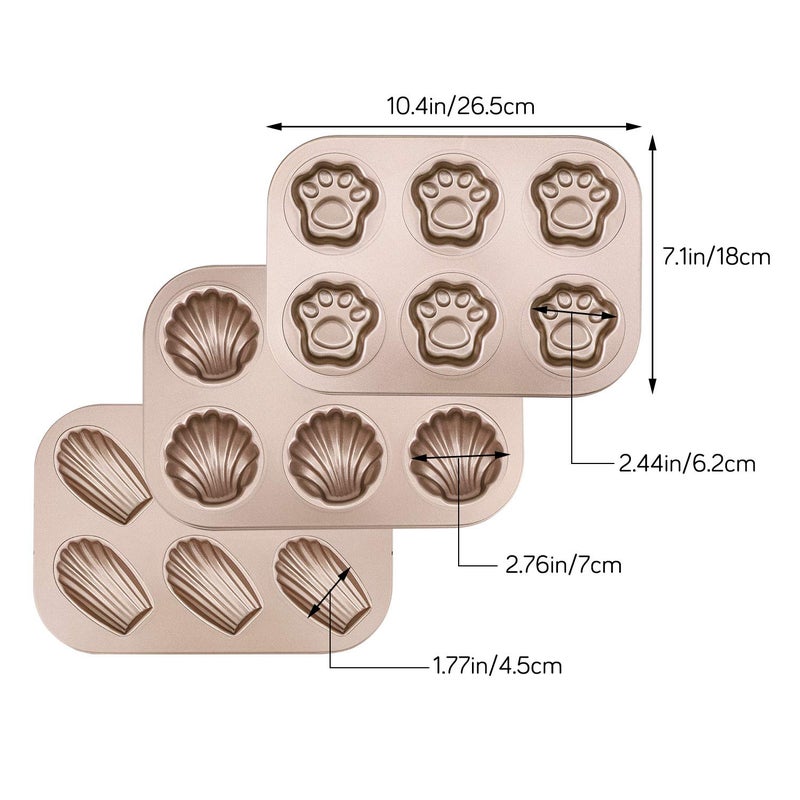Beasea 3 Pack Madeleine Pans, 10x7 Inch 6 Cavity Nonstick Cat Shaped Cake Cookies Pan Carbon Steel Madeleine Mold Shell Madeline Pan - Image 2
