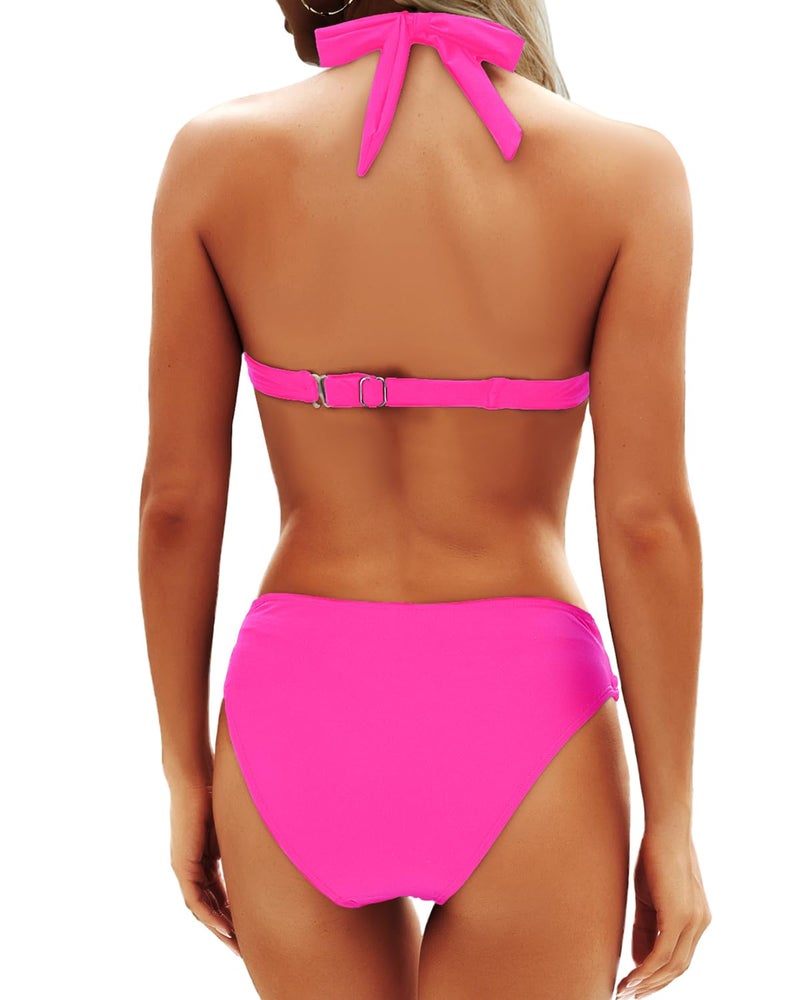 Yonique Women Two Piece Bathing Suits Push Up Bikini Set Halter Swimsuit Vintage Swimwear Hot Pink L - Image 2
