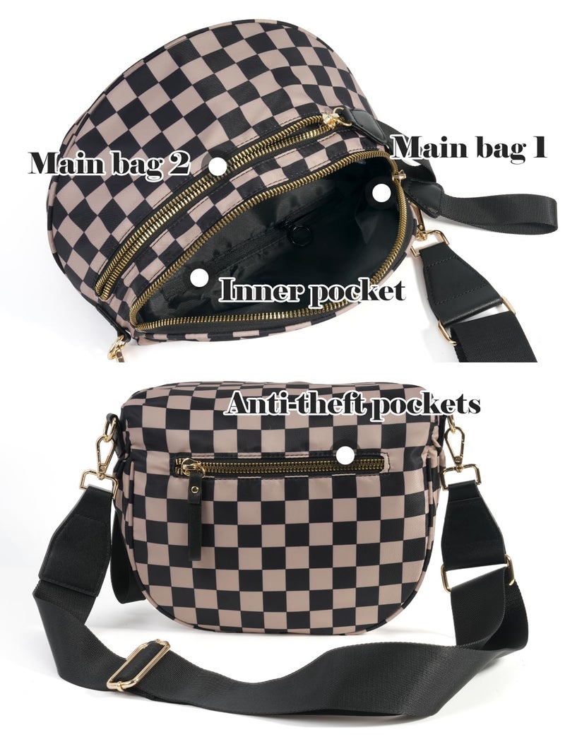 MEISEY Black and White Checkered Crossbody Bum Bag for Women,Spacious Checkered Purse Fanny Packs Belt Bag Sling Bag with Shoulder Strap (khaki Checkered) - Image 4