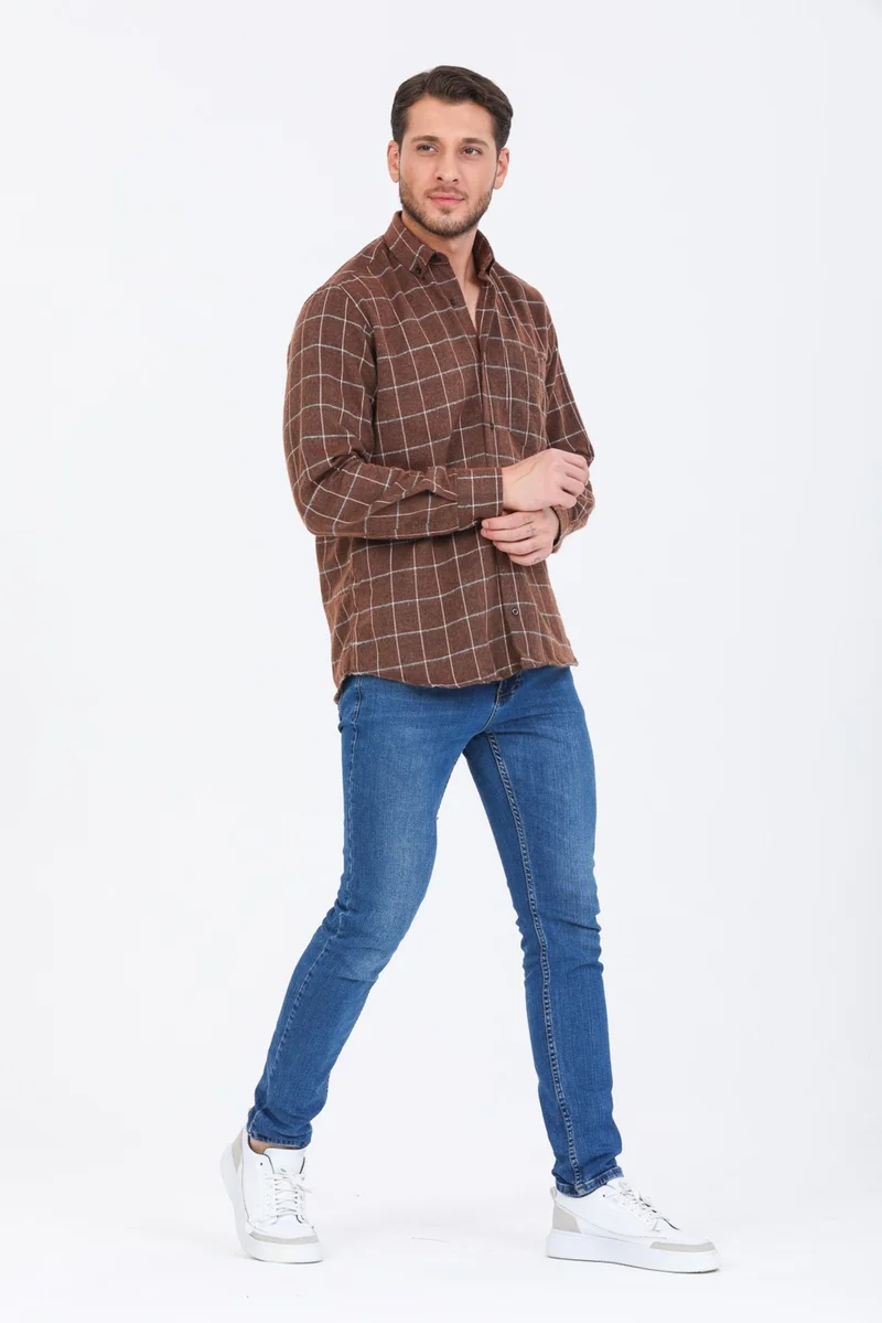 فاريتا Men's Brown Long Sleeve Checked Pocket Collar Buttoned Winter Shirt