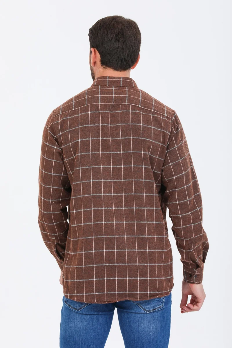 فاريتا Men's Brown Long Sleeve Checked Pocket Collar Buttoned Winter Shirt